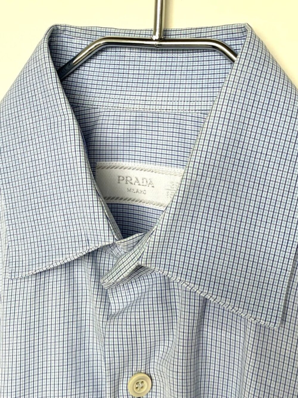 PRADA men's dress shirt, size 15.5" / 39cm, white and blue check micro-plaid